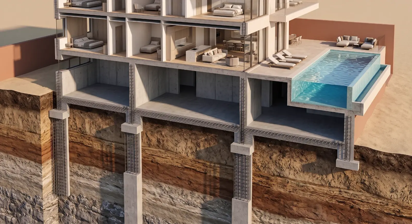 Coupe structurelle d’un immeuble de cinq chambres avec piscine
